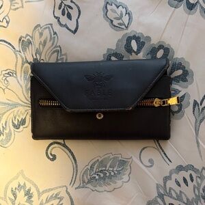 Black Envelope Leather Wallet with Gold Zip Accent